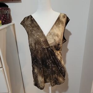 Janeric Y2k Brown Tie Dye Gold Floral Pattern Sleeveless Blouse | Large